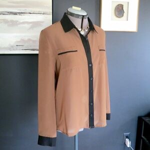 Mine Chiffon Sheer Color Block Button Down Blouse Mocha Mousse and Black Size M